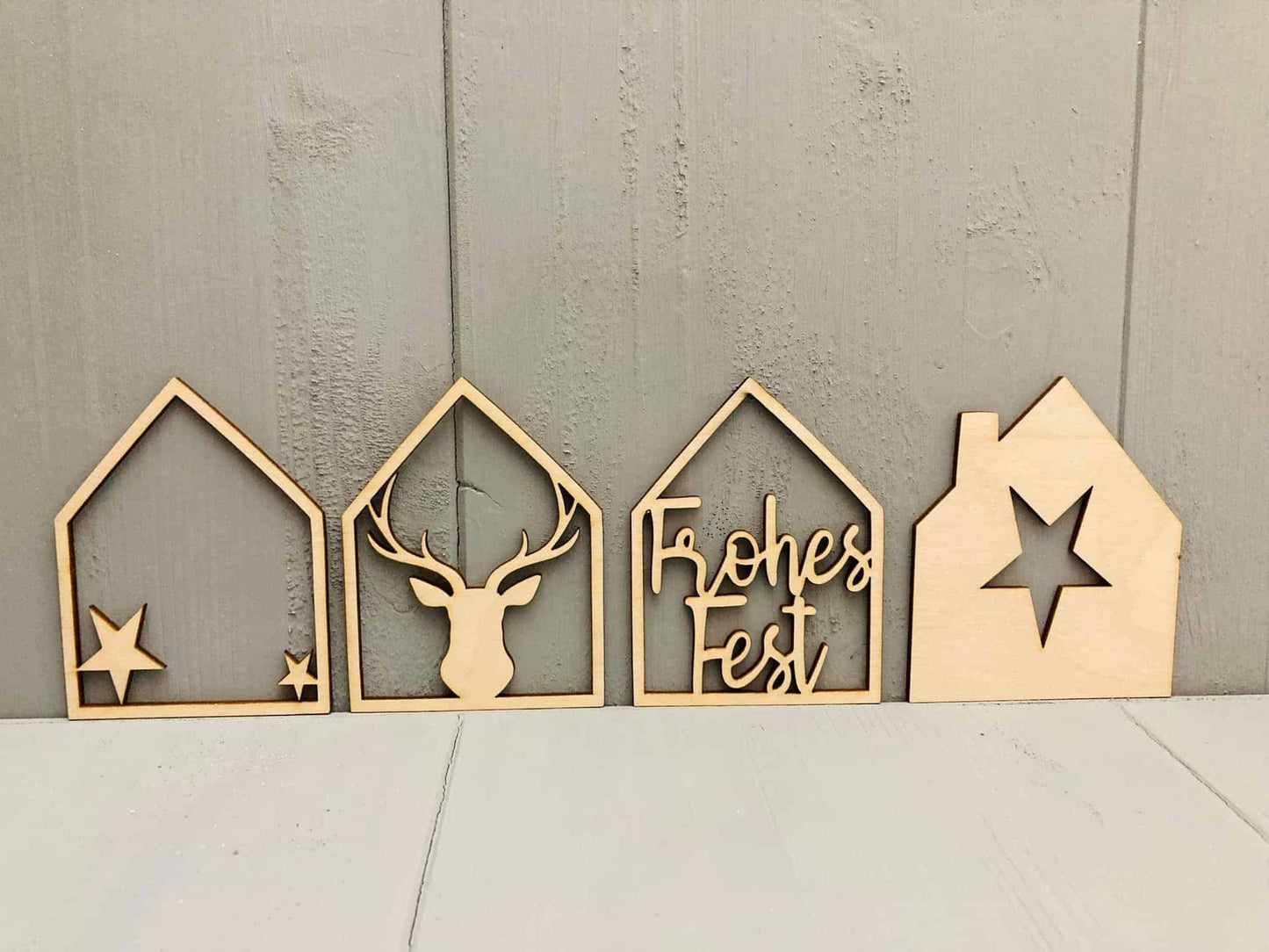 Häuser Haus Frohes Fest Hirsch Stern Holz 50mm - Basteln 4er Set