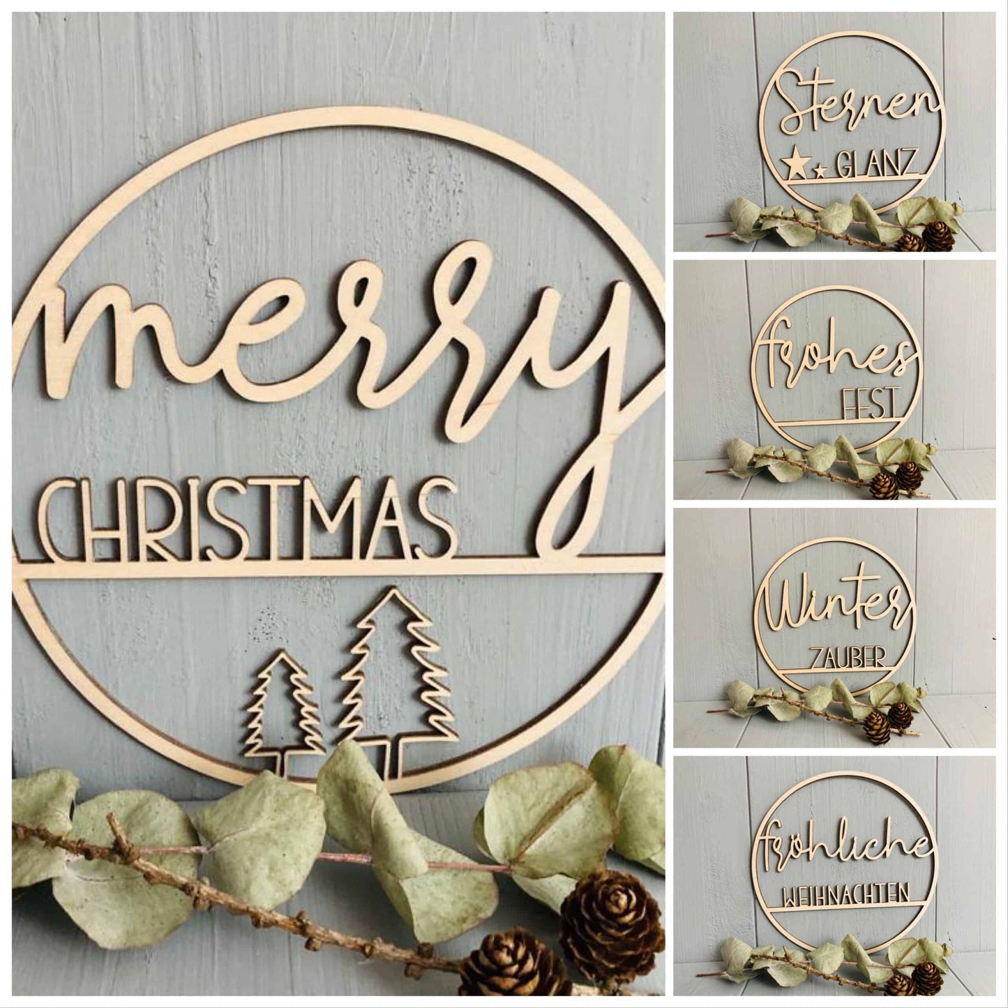 Türschild Türkranz Holzschild Holzkranz Weihnachten Frohes Fest Fröhliche Weihnachten Merry Christmas Sternen Glanz - 000068