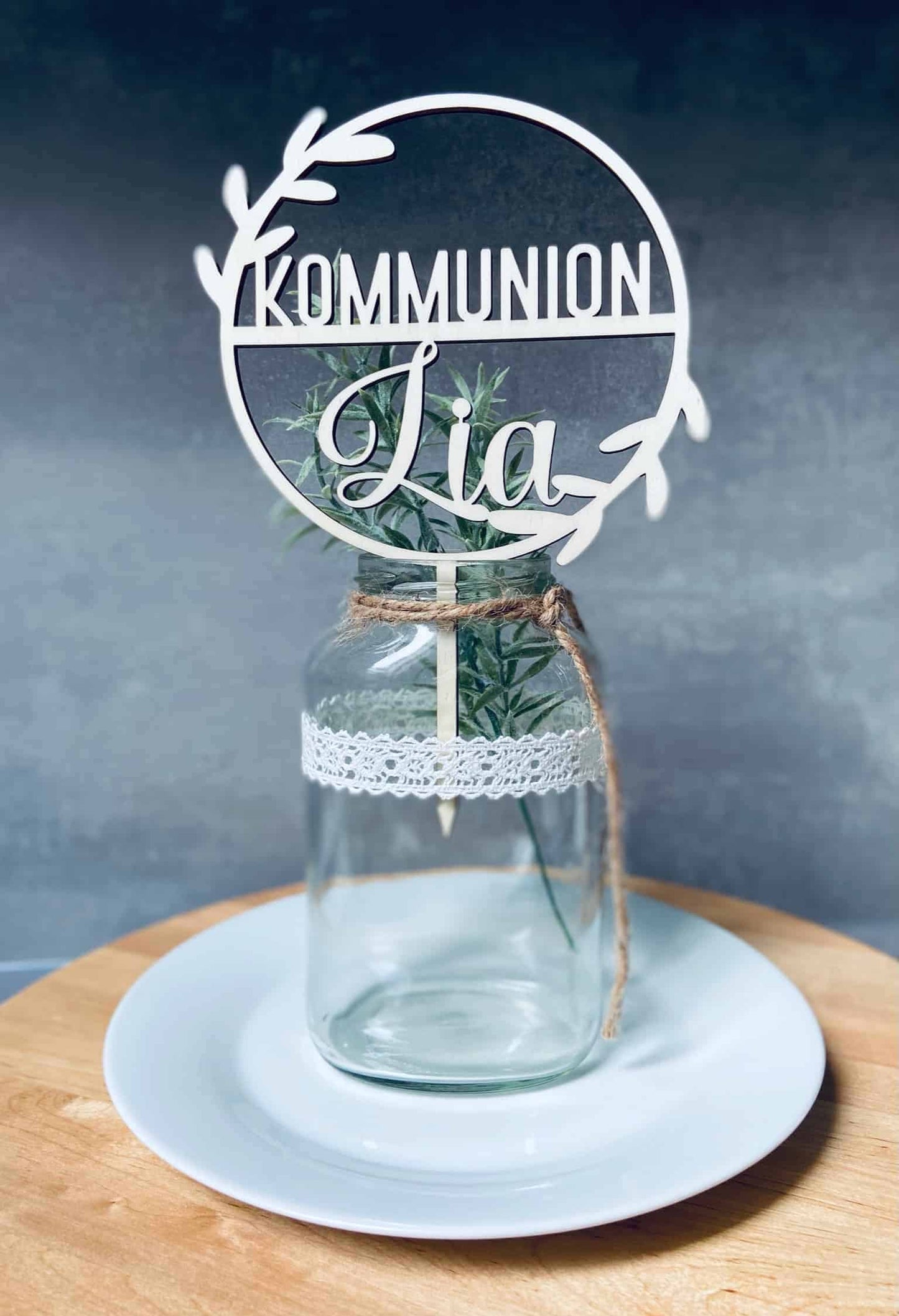 Dekostecker Holz - Kommunion Rund Blumenranke 01