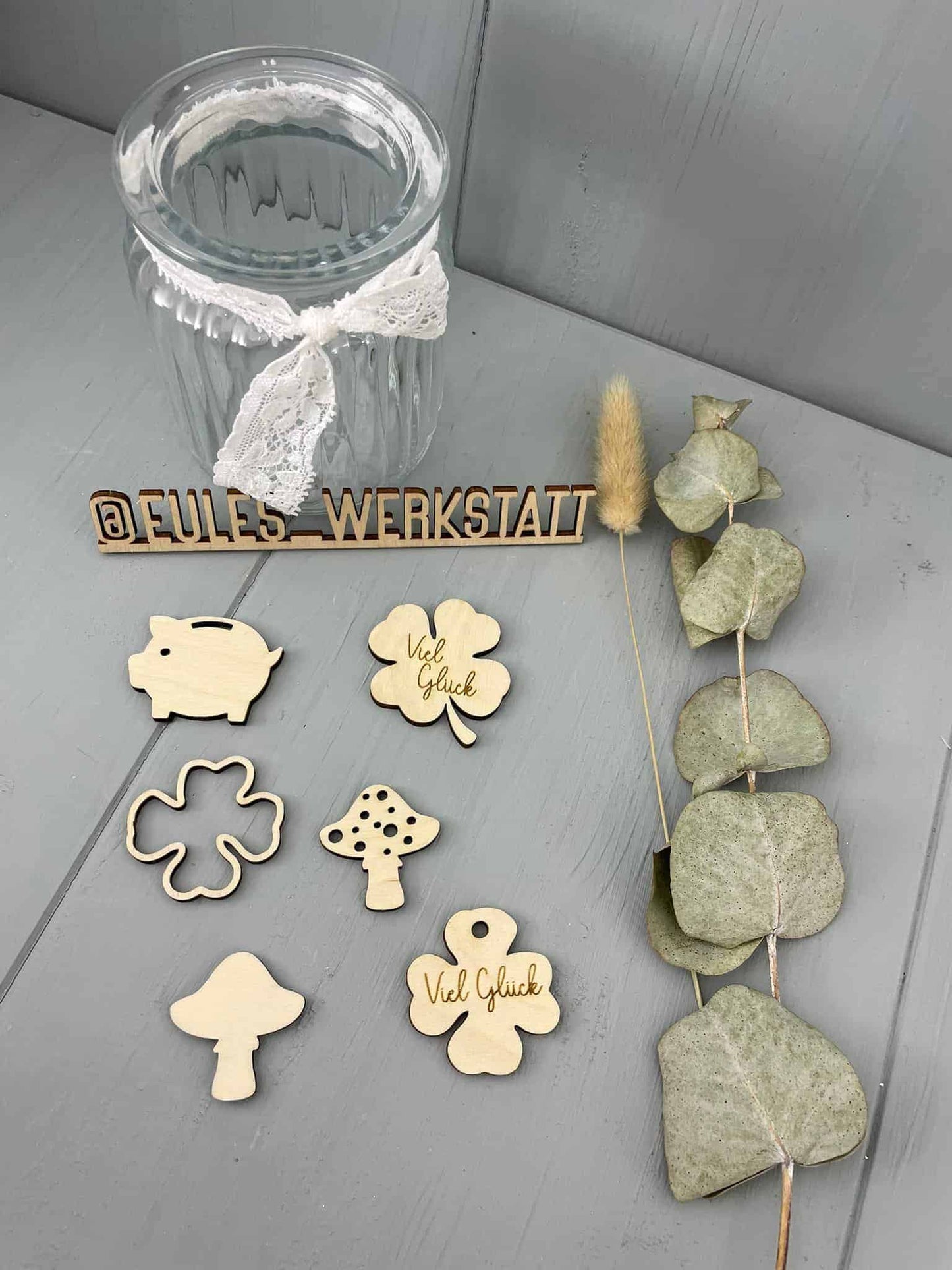 Glücksset - Kleeblatt, Glücksschwein, Glückspilz Holz - 6er Set